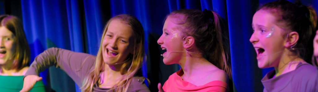 Students dancing and singing in front of blue drapes